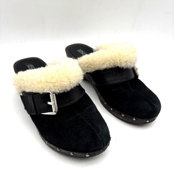 Michael Kors Black Suede Leather Wool Shearling Studded Wood Mules 7 Brazil Made - Picture 3 of 16